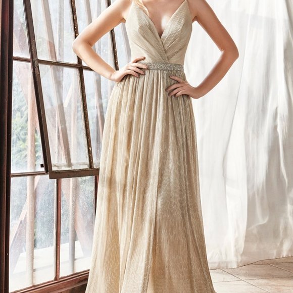 Champagne A-line Metallic Evening Formal Dress - Picture 1 of 8
